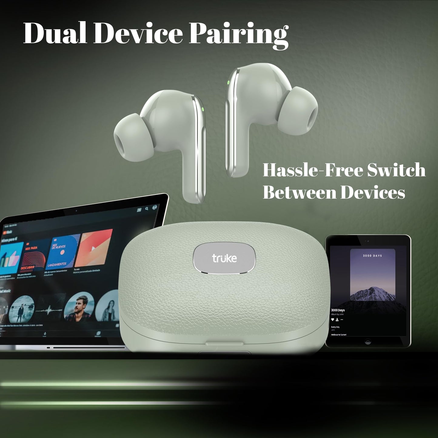 truke Mega 9 New Launch True Wireless in Ear Earbuds W/ 24-Bit Lossless Spatial Audio, 70H Battery Fast Charge Ear Buds, Leather Finish, 13mm Speakers TWS, 40ms Ultra Low Latency, 4Mics ENC
